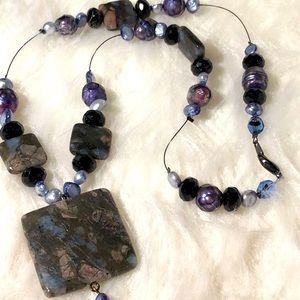 Handmade beaded gemstone, pearl and glass necklace in blues